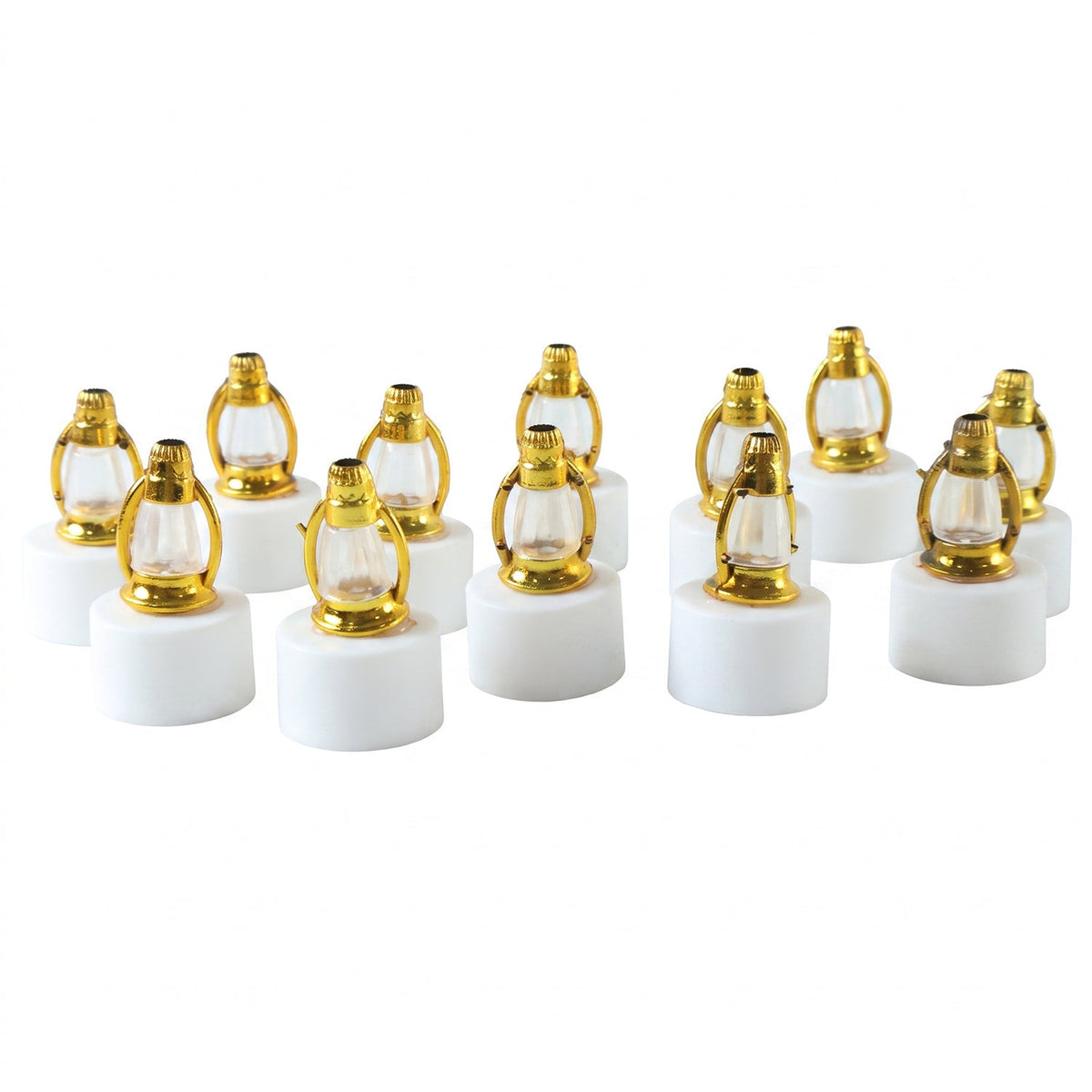 Twelve identical golden lantern LED candles, each with a white base, are arranged in rows on a clean white background.