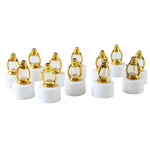 Twelve identical golden lantern LED candles, each with a white base, are arranged in rows on a clean white background.