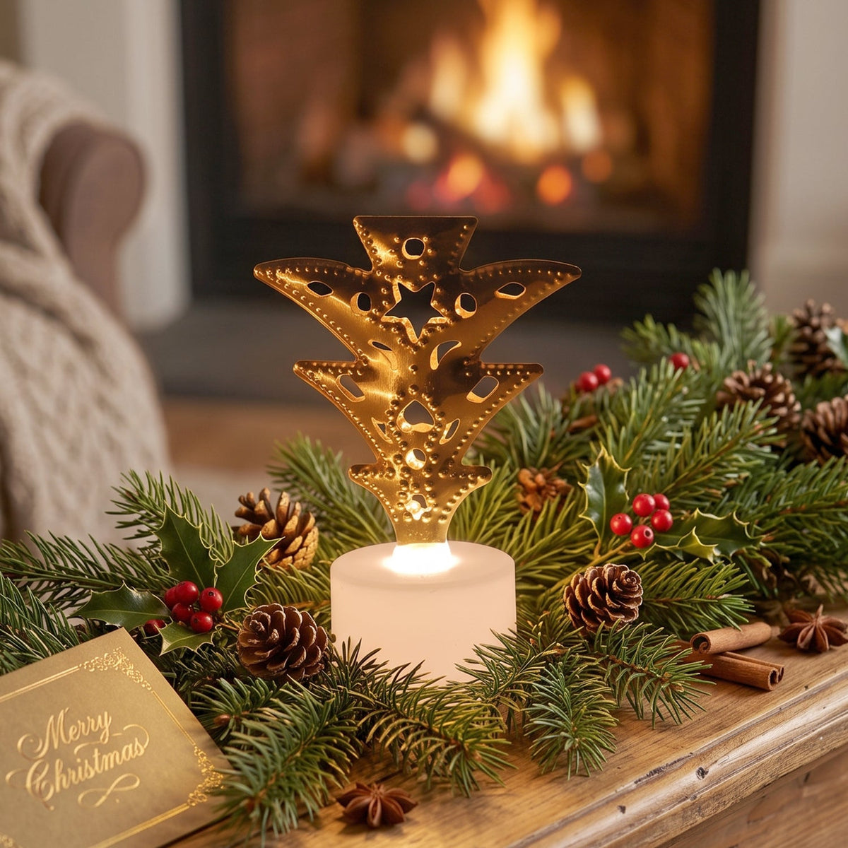 A golden Christmas tree LED tealight sits on a wooden table with pine branches, berries, and a fireplace.