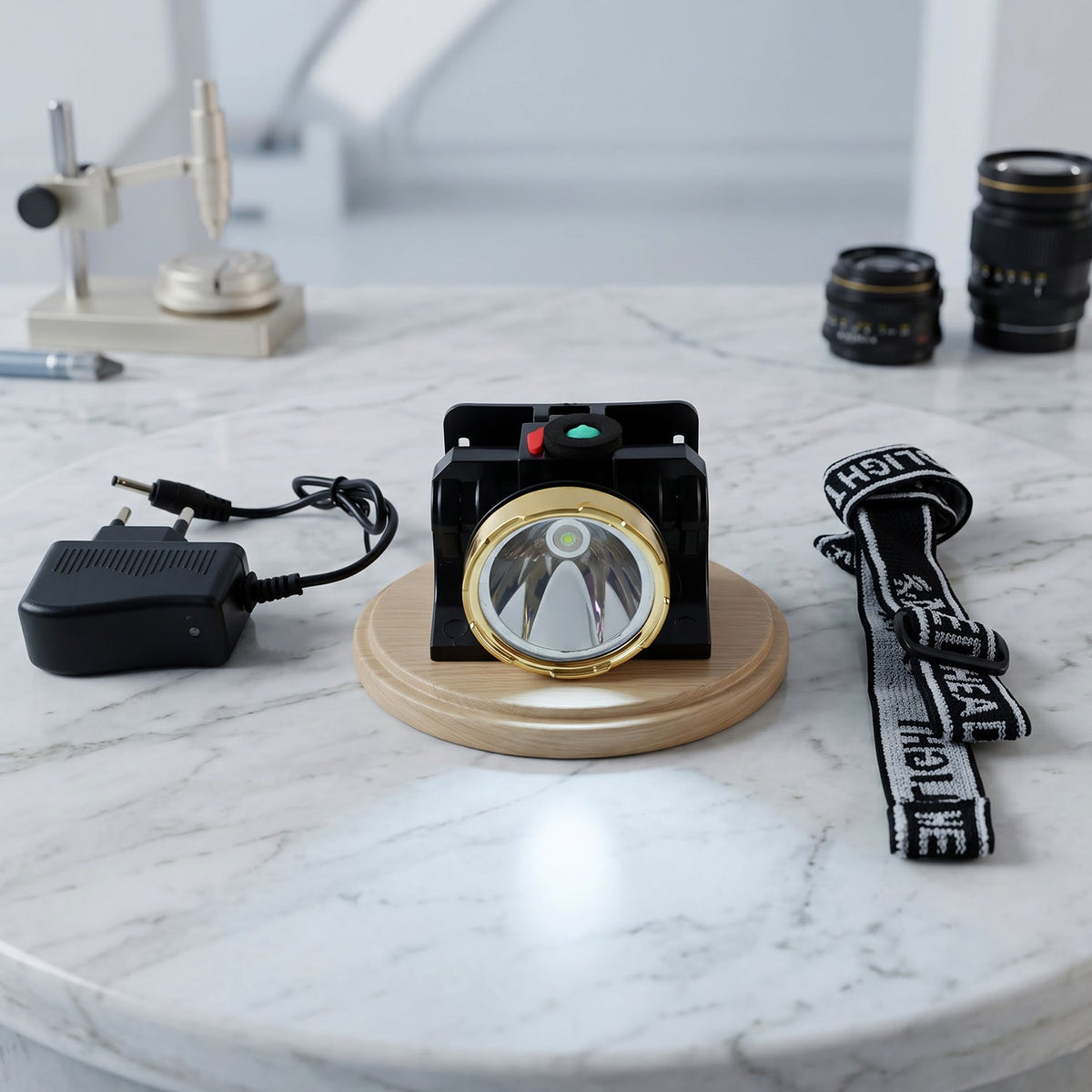 A black and gold headlamp with a solar panel, a charger, and a black and white head strap on a marble table.