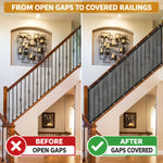 A split image shows a staircase railing before and after a black mesh safety net is installed, covering the open gaps.