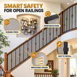 A black mesh safety net is installed on a staircase railing, with callouts highlighting its durable mesh, reinforced edge,