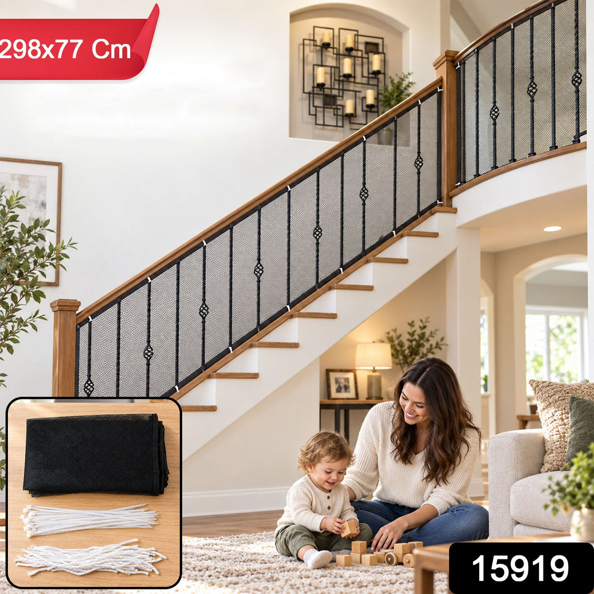 A black mesh safety net is installed on a wooden and iron staircase railing, with a woman and child playing on the – view 2