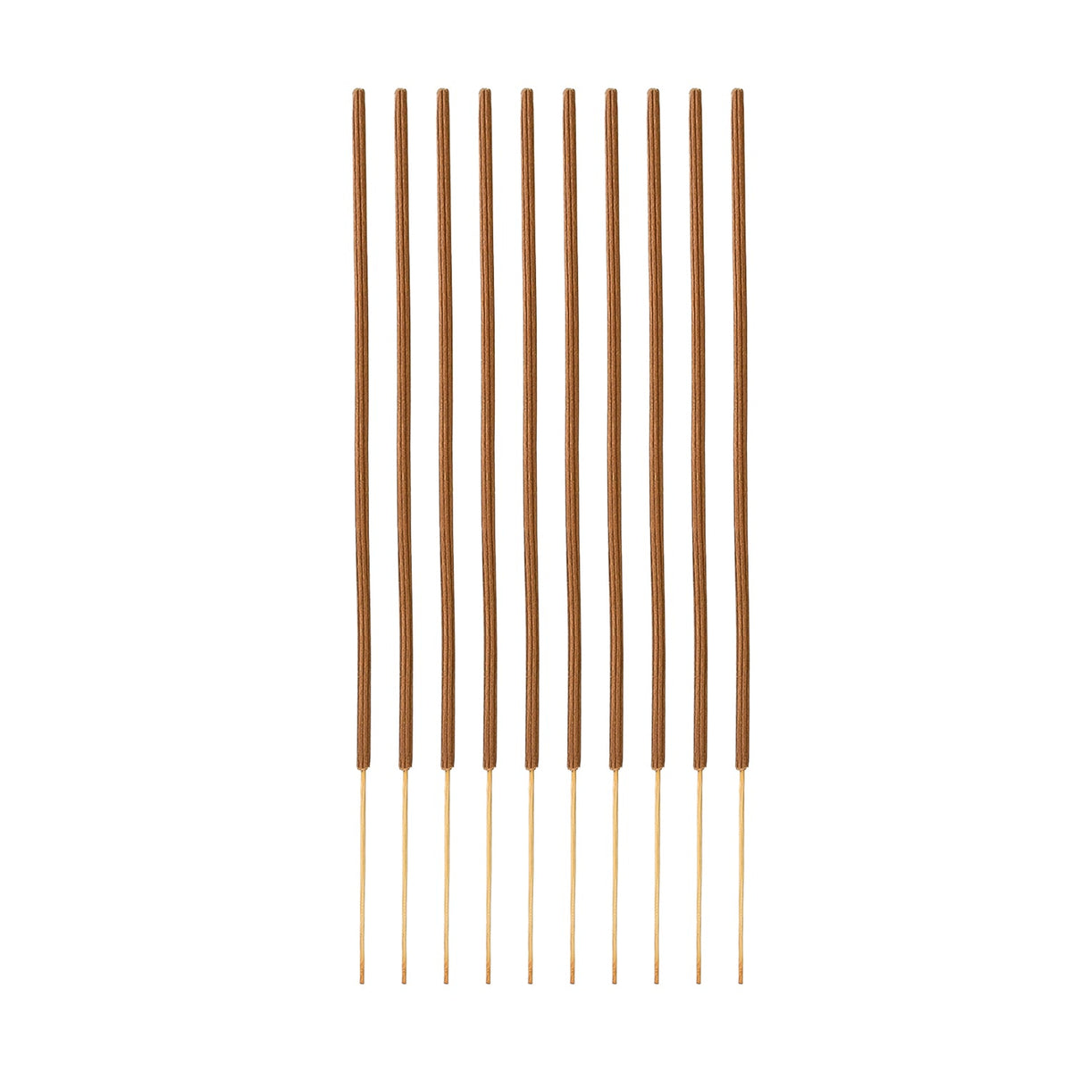Ten brown incense sticks with light brown tips arranged vertically on a white background.
