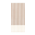 Ten brown incense sticks with light brown tips arranged vertically on a white background.