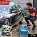 A man in a red shirt and dark pants washes a blue car with a teal and black wireless pressure washer, creating – view 2