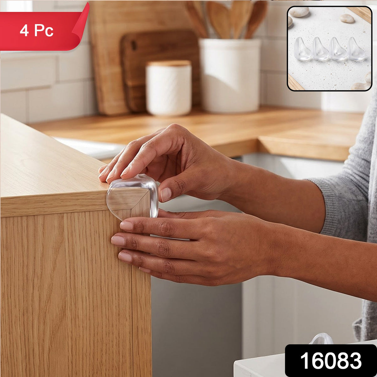 A person's hands applying a clear corner protector to a wooden table, with a small inset showing four protectors.