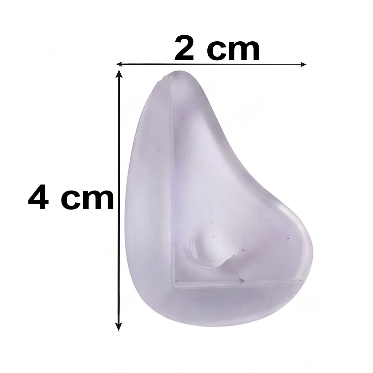 A single clear, rounded silicone corner protector with measurements of 4 cm height and 2 cm width.