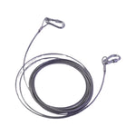A coiled silver wire rope with two attached locking hooks on a white background.
