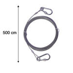 A coiled silver wire rope with two attached locking hooks on a white background, with a vertical arrow and "500 cm"