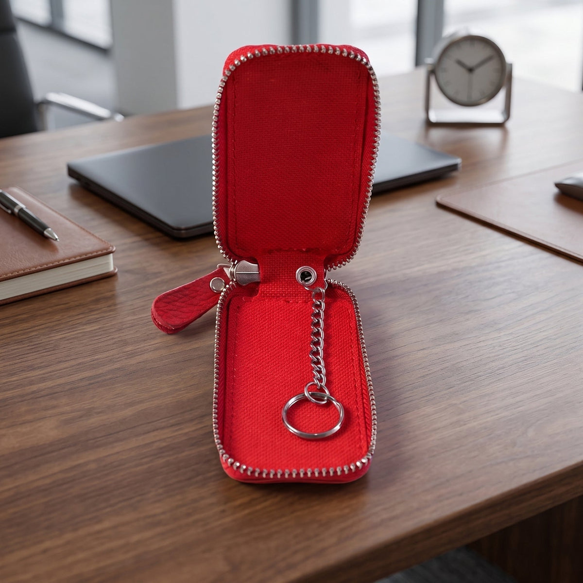 Open red zippered leather car key case with an internal chain and ring, on a wooden desk with office items.