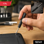A hand uses a black and silver mini screwdriver to tighten a screw on a black device, with a small inset showing the full
