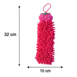 A pink microfiber hand towel with a strawberry top is displayed with its dimensions of 32 cm length and 10 cm width.
