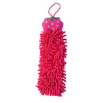 A pink microfiber hand towel with a strawberry top and hanging loop is shown on a white background.
