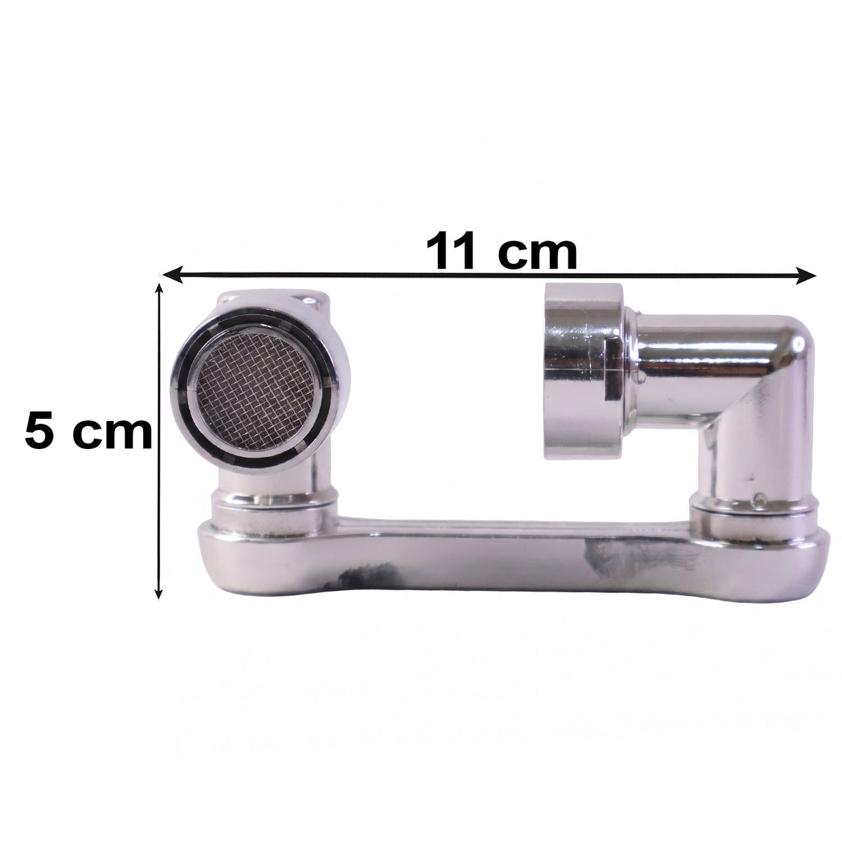 The chrome swivel faucet aerator with dimensions labeled: 11 cm length and 5 cm height.