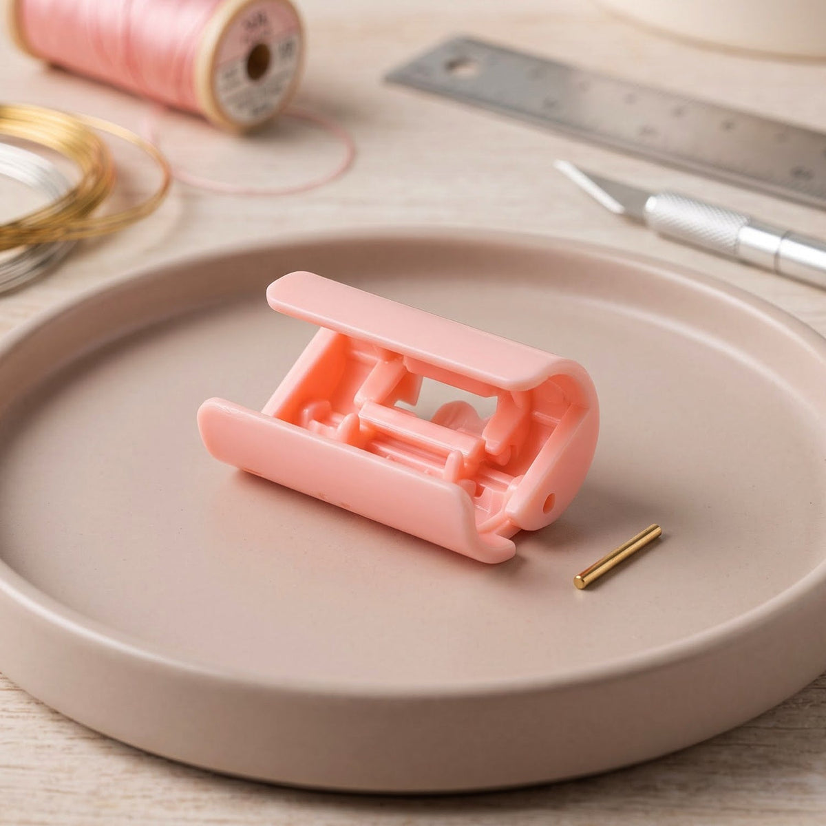 An open pink plastic bed sheet clip with a small gold pin rests on a pink plate, with craft supplies in the background.