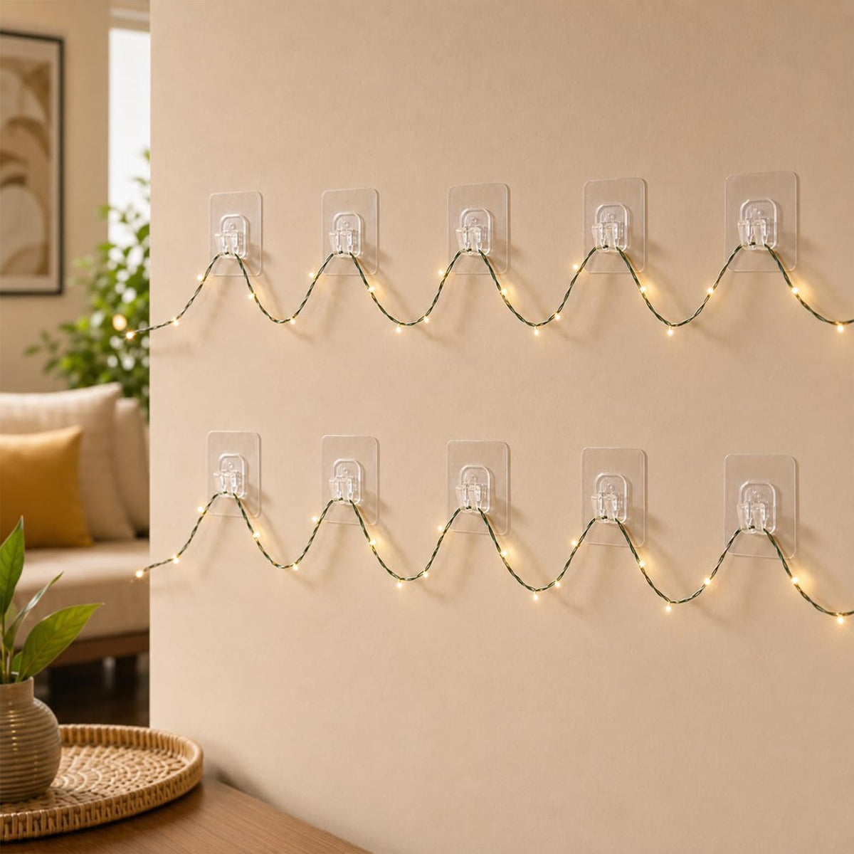 Two rows of clear adhesive hooks hold a string of illuminated fairy lights in a wavy pattern on a beige wall.
