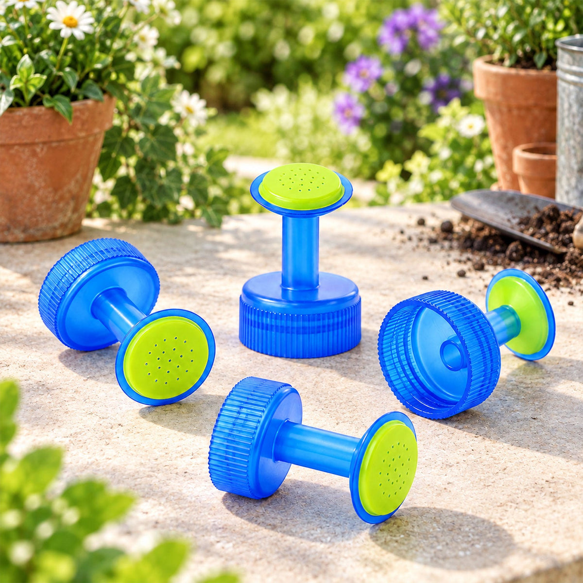 Four blue and green plastic bottle cap sprinklers are scattered on a paved patio amidst potted plants and gardening tools.