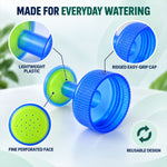 A blue and green plastic bottle cap sprinkler with text highlighting lightweight plastic, fine perforated face, ridged