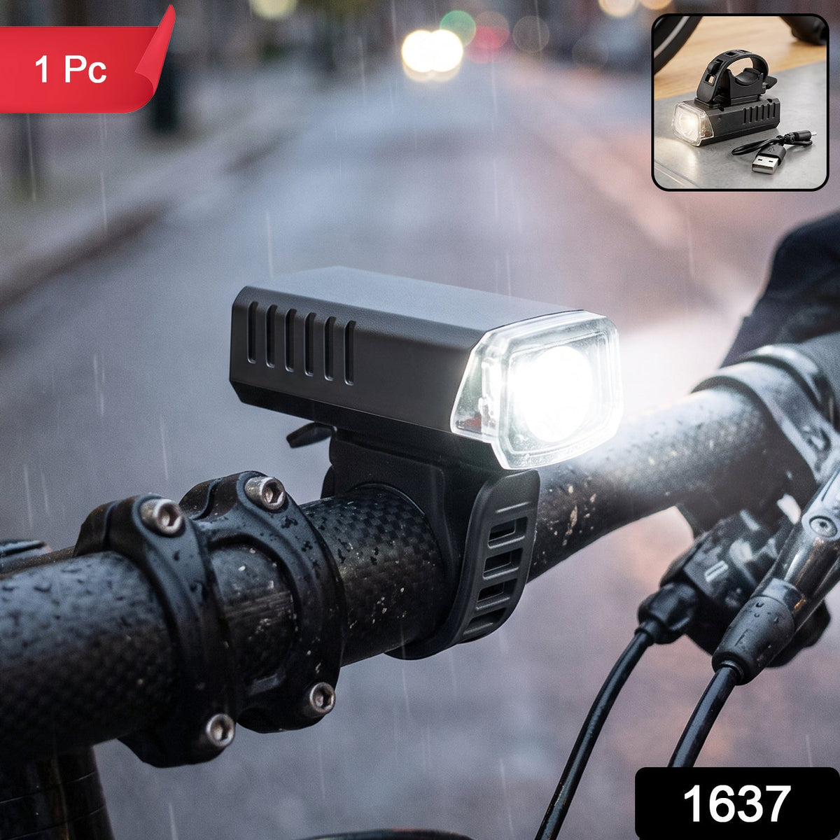 Black rectangular bicycle headlight with a clear lens, mounted on handlebars, shining brightly in the rain at night