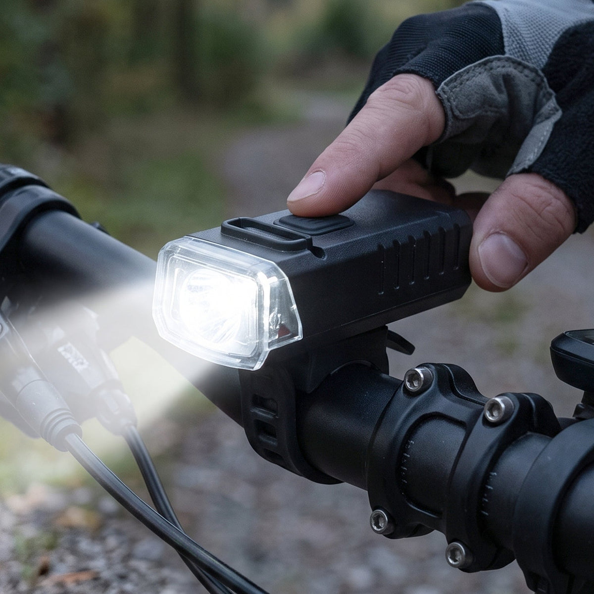 A gloved hand presses the button on a black bicycle headlight mounted on handlebars, emitting a bright beam.