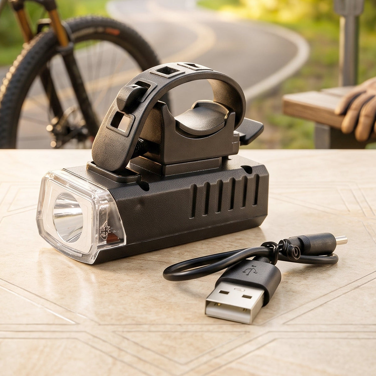 Black rectangular bicycle headlight with a clear lens and a USB charging cable on a patterned table, with a bicycle in the