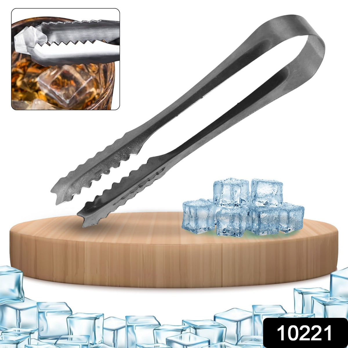 A silver tong is displayed on a wooden board with several ice cubes, surrounded by more ice cubes.