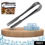 A silver tong is displayed on a wooden board with several ice cubes, surrounded by more ice cubes.