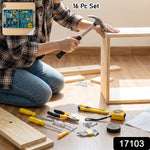 A person in a plaid shirt and jeans hammers a wooden frame, with a small inset showing the 16-piece tool kit.