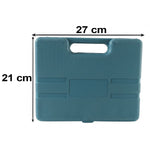 A closed, textured teal plastic toolbox with a handle, showing dimensions of 27 cm width and 21 cm height.