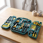 Open household repair tool set with organized compartments