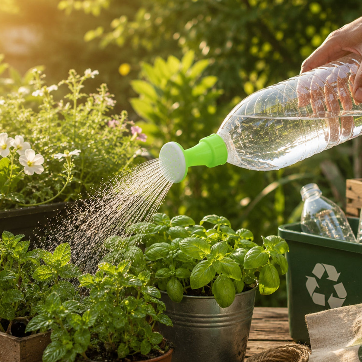 A hand holds a clear plastic bottle with a green and white sprinkler nozzle, watering outdoor potted plants in sunlight.