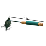 Angled shot of the gardening hoe blade and handle, emphasizing its robust construction.
