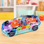 Front view of the transparent gear car toy with colorful lights and musical feature.