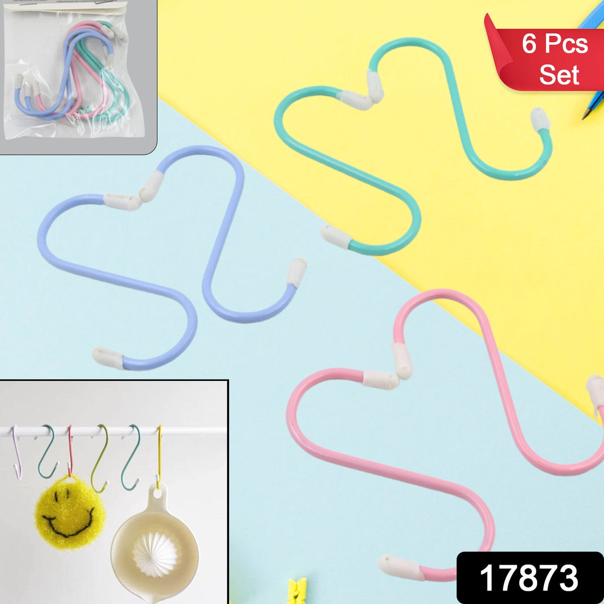 Three colorful plastic coated S hooks, blue, green, and pink, with a 6 Pcs Set label.