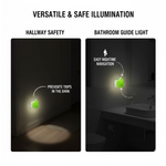 Two panels showing the green apple night light used for hallway safety and as a bathroom guide light.