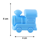 A light blue plastic train-shaped pencil sharpener with dimensions of 4 cm by 4 cm indicated by black arrows.