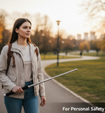 A woman in a light jacket and jeans walks in a park, holding the silver metal baton in her right hand.