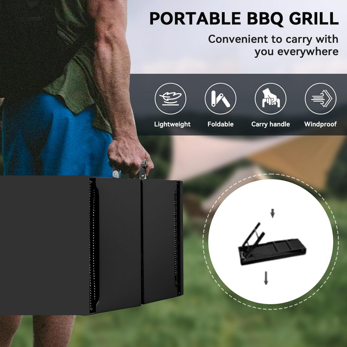 A person carrying the folded black portable BBQ grill, with icons for lightweight, foldable, carry handle, and windproof.