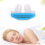 A blue and white anti-snoring nose clip above a sleeping woman on a white pillow.