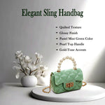Mini fashion handbag highlighted by a decorative pearl handle and chain strap