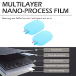 Two light blue oval anti-fog films are shown above a detailed diagram of the film's five-layer structure.