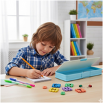 A young boy with brown hair and a blue plaid shirt writes in a notebook, with an open blue pencil case nearby.