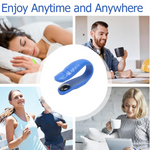 A blue acupressure hand clip is centered among four lifestyle images, showing people using it in different settings.