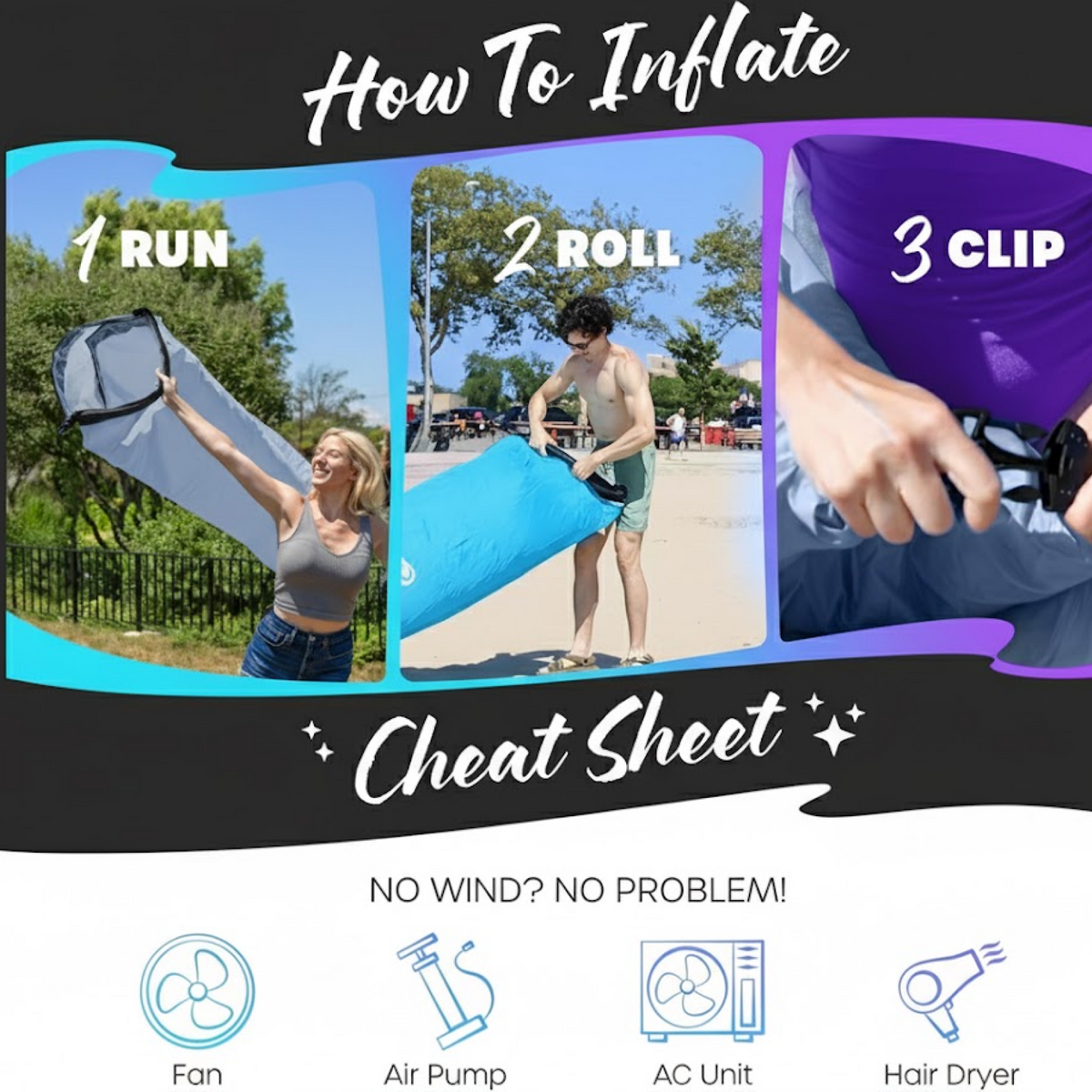 A three-panel graphic shows how to inflate the lounger by running, rolling, and clipping, with alternative inflation methods