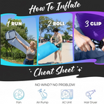 A three-panel graphic shows how to inflate the lounger by running, rolling, and clipping, with alternative inflation methods