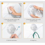 Four-step visual guide demonstrating how to clean a surface, press the suction cup, pull the hook, and hang an item.