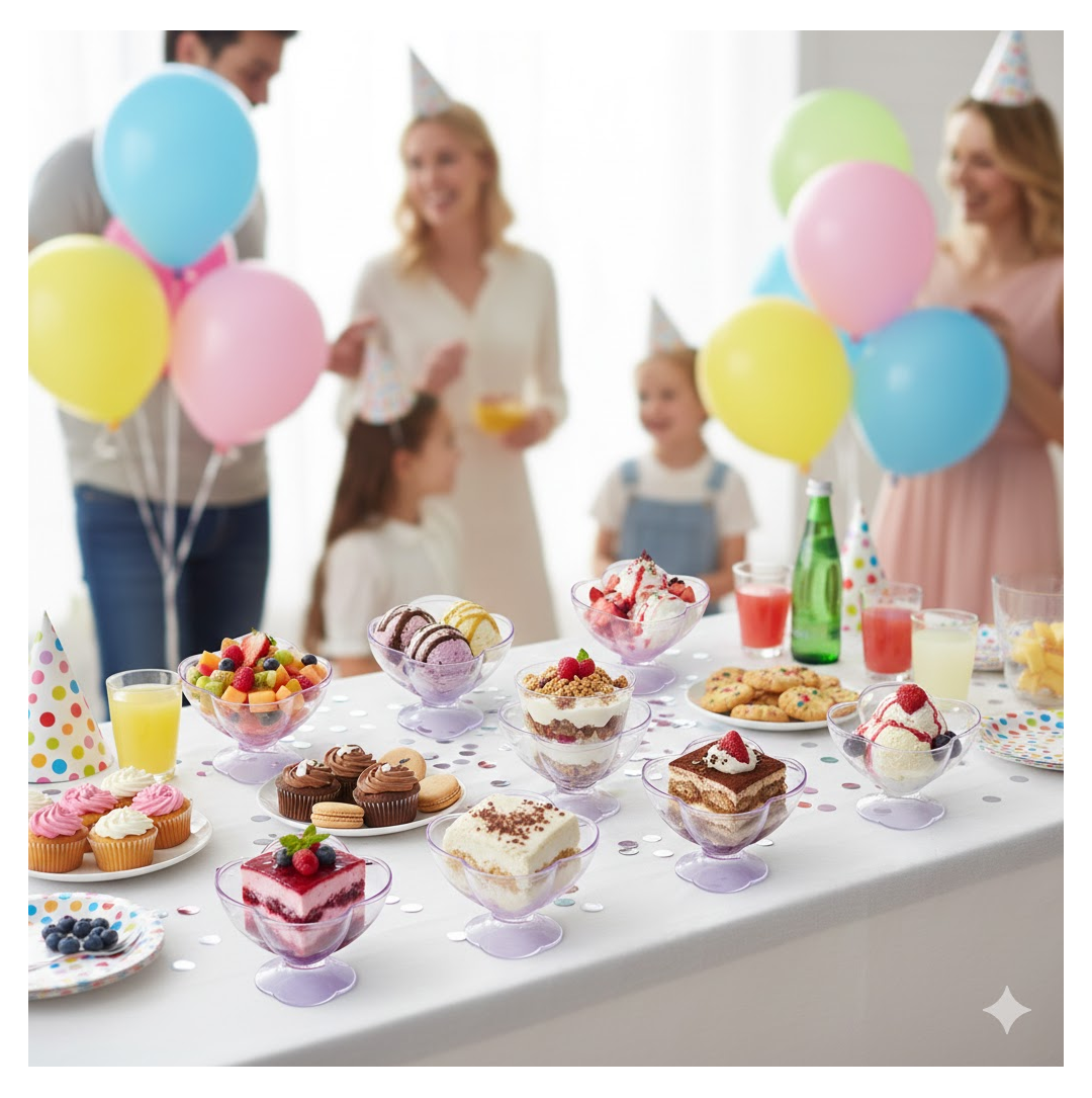 A table filled with various desserts in purple plastic bowls at a birthday party with people and balloons.