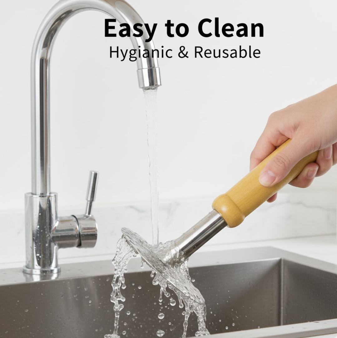 A hand holds the masher under running water from a chrome kitchen faucet, rinsing the perforated steel head in a sink.