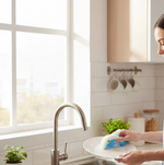 A person uses the blue and white dolphin sponge to clean a white plate in a bright kitchen with a large window.